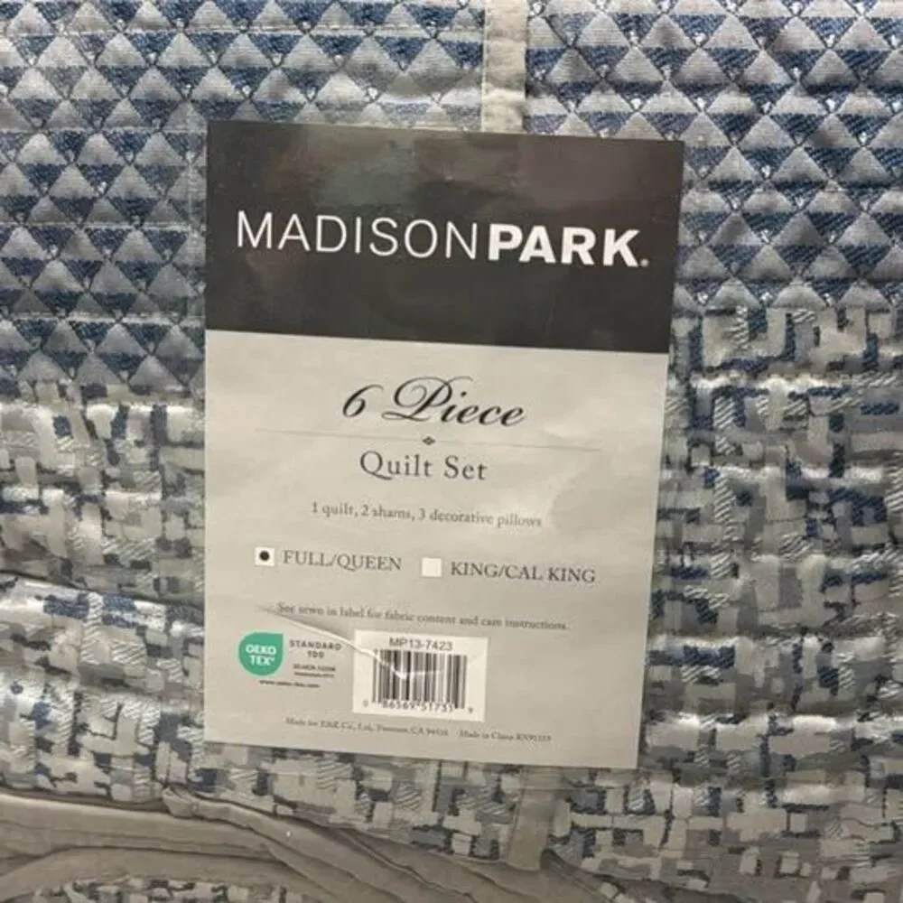 6 Pieces Full/Queen Coverlet Set Madison Park Grey/Blue Jacquard Reversible Set